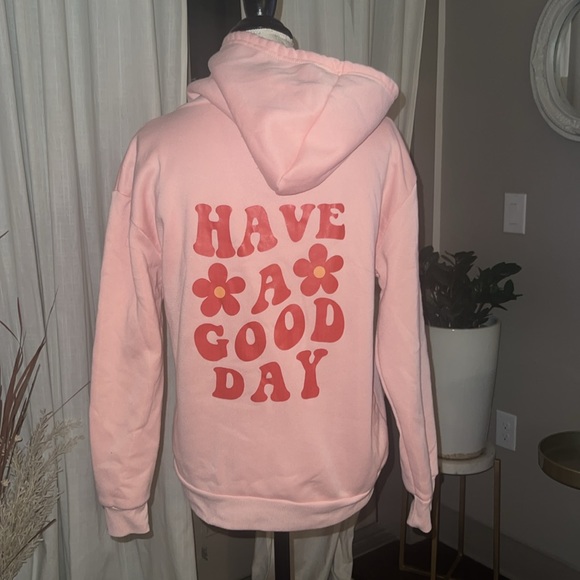 Have A Good Day SHEIN pink hoodie sweatshirt with red lettering & flowers Small - Picture 2 of 7